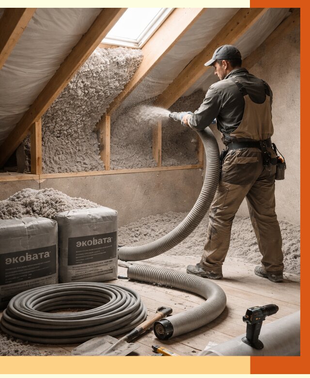 Утепление мансарды эковатой в Новом Уренгое от 2288 руб/м2 — монтаж, задувка, цена | ТепломастерНвг